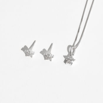 Conjunto Brinco e Colar Feminino Flor Cravejado 7mm 40cm Prata 925 CJ270