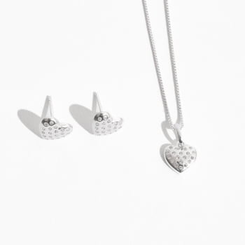 Conjunto Brinco e Colar Feminino Zircônia Coração com Zircônias cristal 6mm 45cm CJ269