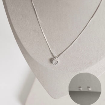 Conjunto Brinco e Colar Feminino Zircônia Coração Embutida 6mm 40cm CJ202