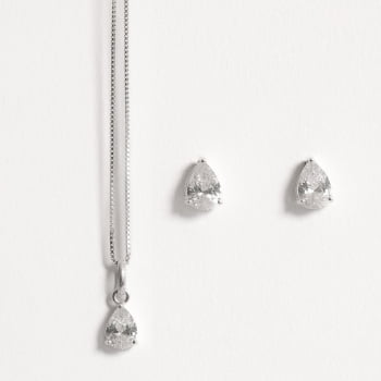 Conjunto Brinco e Colar Feminino Zircônia Gota Cristal 6x4mm 40cm Prata 925 CJ296