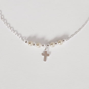 Pulseira em Prata 925 Feminina Entremeio Bola e Perolas com Pingente Cruz 8mm 19cm PU1548