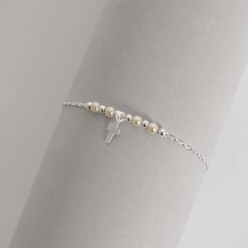 Pulseira em Prata 925 Feminina Entremeio Bola e Perolas com Pingente Cruz 8mm 19cm PU1548