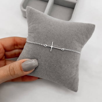 Pulseira em Prata 925 Feminina Entremeio Cruz com Zircônia PU163