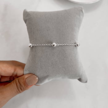 Pulseira Prata 925 Feminina Bolas 5mm Corrente Cadeado PU948