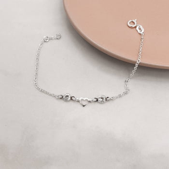 Pulseira Feminina Entremeio Coração Vazado com Zircônias Prata 925 PU471