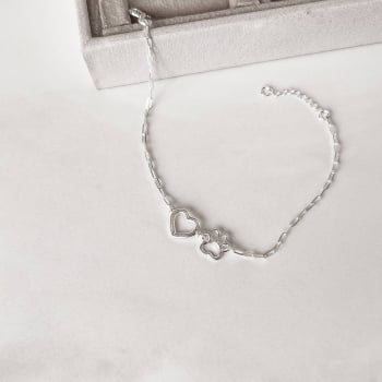 Pulseira Prata 925 Feminina  Entremeio Coração Vazado e Pata 10mm com Extensor PU1235