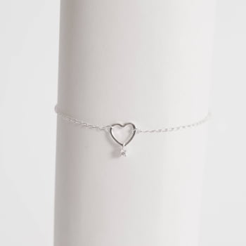Pulseira Feminina Entremeio Coração Vazado Pingente Mini Zircônia Prata 925 PU1121