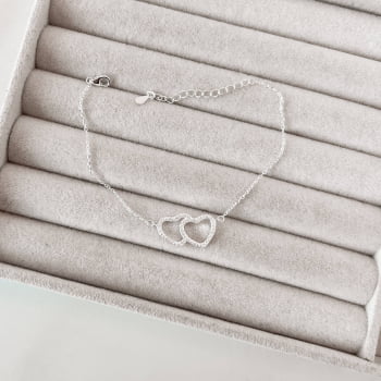 Pulseira Feminina Entremeio Corações Vazado Cravejados 19mm Prata 925 PU1336