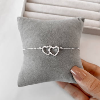 Pulseira Feminina Entremeio Corações Vazado Cravejados 19mm Prata 925 PU1336