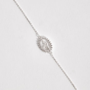 Pulseira Feminina Entremeio Medalha Nossa Senhora das Graças Cravejada 14mm 16+5cm Prata 925 PU1511