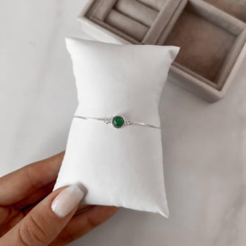 Pulseira Feminina Entremeio Pedra Ágata Verde 7mm v15 16cm com alongadora em Prata 925 PU1307