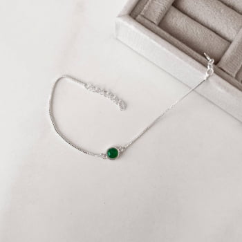 Pulseira Feminina Entremeio Pedra Ágata Verde 7mm v15 16cm com alongadora em Prata 925 PU1307
