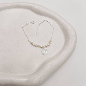 Pulseira Feminina Entremeio Perolas com Pingente Medalha São Bento 11mm PU1451
