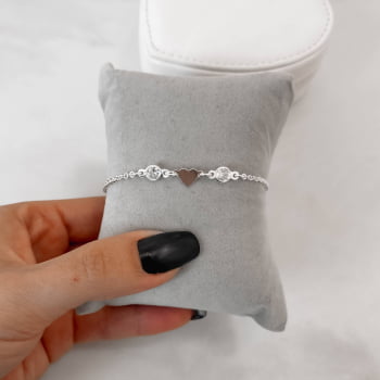 Pulseira Feminina Entremeio Zircônias Cristal e Coração Prata 925 PU882