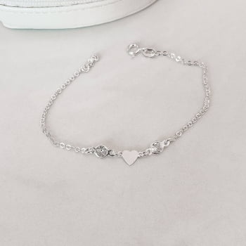 Pulseira Feminina Entremeio Zircônias Cristal e Coração Prata 925 PU882