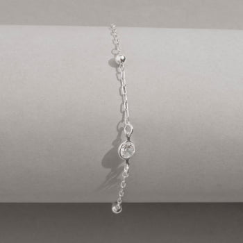 Pulseira Feminina Entremeios Bolas 4mm e Zircônia 7mm Corrente Cartier 19cm em Prata 925 PU1644