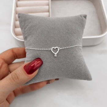 Pulseira Feminina Entremeios Coração Vazado Pingente Mini Zircônia com Extensor Prata 925 PU1121