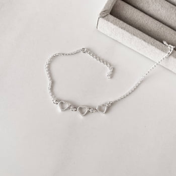 Pulseira Feminina Entremeios Corações Vazados Desenhados com Extensor Prata 925 PU535