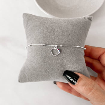 Pulseira Feminina Pingente Coração Vazado Detalhe Cravejado Colorido 11mm com Bolas Prata 925 PU1168