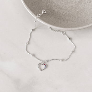 Pulseira Feminina Pingente Coração Vazado Detalhe Cravejado Colorido 11mm com Bolas Prata 925 PU1168