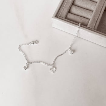 Pulseira Feminina Pingentes Coração Vazado e Zircônias cristal 5mm em Prata 925 PU954
