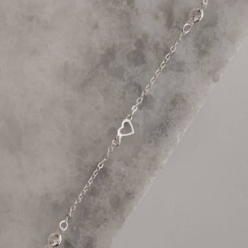 Pulseira Prata 925 Feminina Entremeios Zircônia e Coração Vazado 6mm 19cm PU1551
