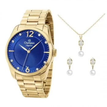 Kit Relógio Champion Elegance Feminino Dourado Visor Azul com Cristais Á Prova d'água CN27607D