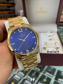 Kit Relógio Champion Elegance Feminino Dourado Visor Azul com Cristais Á Prova d'água CN27607D