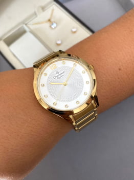 Kit Relógio Champion Elegance Feminino Dourado com Cristais Visor Prateado Texturizado com Cristais Á Prova d'água CN25903W