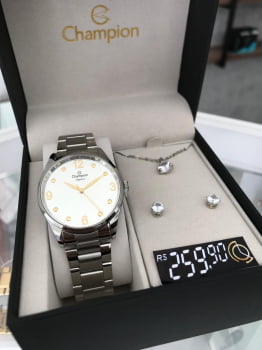 Kit Relógio Champion Feminino Prata Elegance espelhado CN24486Y