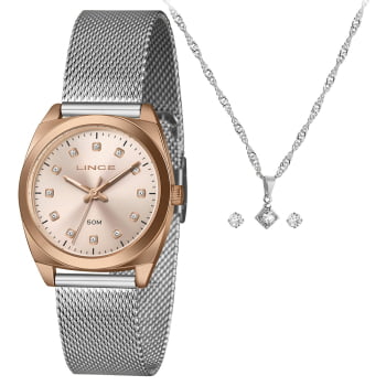 Kit Lince Feminino Bicolor Visor Rosé com Cristais Pulseira Milanesa á Prova d'água LRTH276L34 Kit Lince Feminino Bicolor Visor Rosé com Cristais Pulseira Milanesa á Prova d'água LRTH276L34