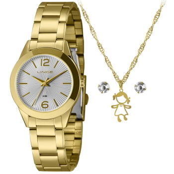 Kit Relógio Lince Feminino Dourado colar menina Visor Texturizado Prateado Á Prova d'água LRG4744L34