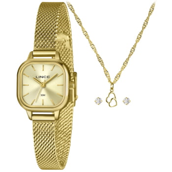 Kit Lince Feminino Dourado Quadrado Visor champanhe Minimalista com Pulseira Milanesa LQGM083L23