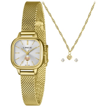 Kit Lince Feminino Dourado Quadrado Visor Prata Minimalista com Coração Pulseira Milanesa LQGM078L23 Kit Lince Feminino Dourado Quadrado Visor Prata Minimalista com Coração Pulseira Milanesa LQGM078L23