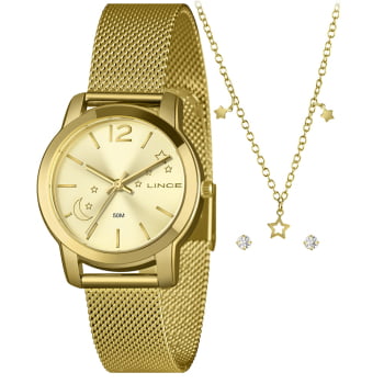 Kit Lince Feminino Dourado Visor Champanhe com Lua e Estrela Pulseira Milanesa á Prova d'água LRG4850L34 Kit Lince Feminino Dourado Visor Champanhe com Lua e Estrela Pulseira Milanesa á Prova d'água LRG4850L34