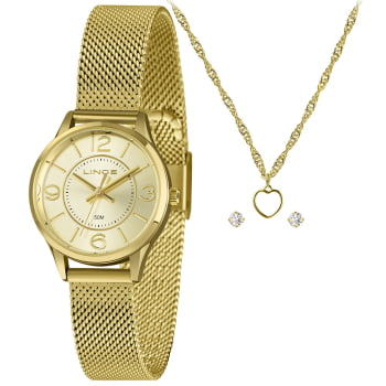 Kit Lince Feminino Dourado Visor Champanhe Pulseira Milanesa á Prova d'água LRGH009L30