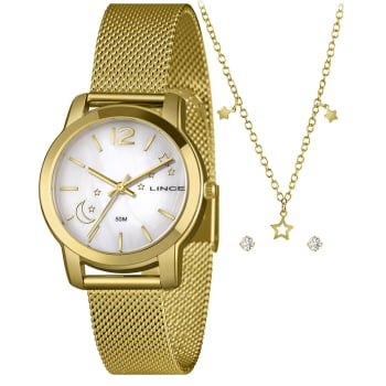Kit Lince Feminino Dourado Visor Madrepérola com Lua e Estrela Pulseira Milanesa á Prova d'água LRG4850L34_ Kit Lince Feminino Dourado Visor Madrepérola com Lua e Estrela Pulseira Milanesa á Prova d'água LRG4850L34_