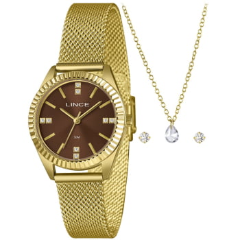 Kit Lince Feminino Dourado Visor Marrom com Cristais Pulseira Milanesa á Prova d'água LRGM079L32