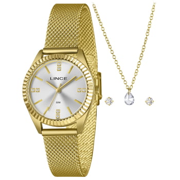 Kit Lince Feminino Dourado Visor Prata com Cristais Pulseira Milanesa á Prova d'água LRGM079L32_ Kit Lince Feminino Dourado Visor Prata com Cristais Pulseira Milanesa á Prova d'água LRGM079L32_