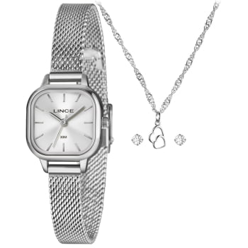 Kit Lince Feminino Prateado Quadrado Visor Prata Minimalista com Pulseira Milanesa LQMM083L23