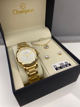 Kit Relógio Champion Crystal Feminino Dourado com Numeração completa Vidro Facetado Á Prova d'água CN25596B
