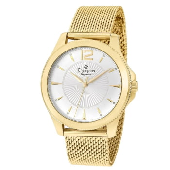 Kit Relógio Champion Elegance Feminino Dourado Minimalista com Pulseira Milanesa Cristais no Visor Á Prova d'água CN25672E