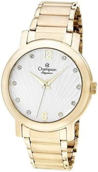 Kit Relógio Champion Elegance Feminino Dourado Visor Branco Texturizado com Cristais Á Prova d'água CN25869W