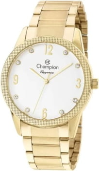 Kit Relógio Champion Elegance Feminino Dourado Visor Branco com Cristais Á Prova d'água CN26082X