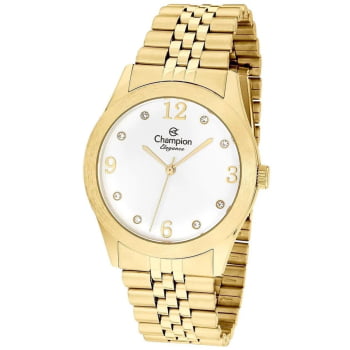 Kit Relógio Champion Elegance Feminino Dourado Visor Branco com Cristais mais Bolsa Clutch á Prova D'água CN25298G
