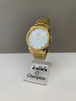 Kit Relógio Champion Elegance Feminino Dourado Visor Branco com Cristais mais Bolsa Clutch á Prova D'água CN26082C