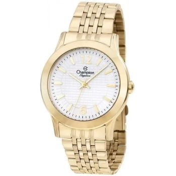 Kit Relógio Champion Elegance Feminino Dourado Visor Branco Texturizado Á Prova d'água CN25056W
