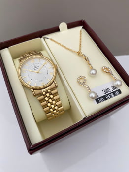 Kit Relógio Champion Elegance Feminino Dourado Visor Branco Texturizado Caixa Serrilhada Esmaltada Á Prova d'água CN25190W