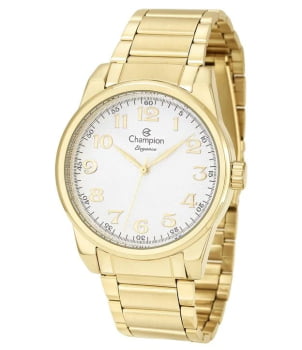 Kit Relógio Champion Elegance Feminino Dourado Visor Branco Texturizado Numeração Completa á Prova D'água CN25010W