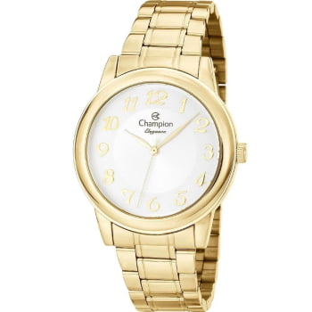 Kit Relógio Champion Elegance Feminino Dourado Visor Branco Todo Numerado Á Prova d'água CN26804W